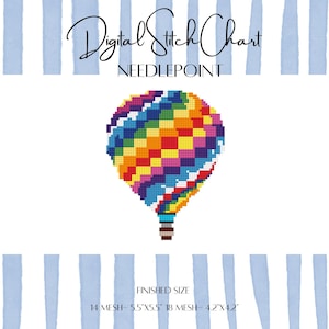 May include: A digital stitch chart for needlepoint featuring a colorful hot air balloon design. The balloon is composed of various colors, including red, orange, yellow, green, blue, and purple. The finished size is 5.5"x5.5" for 14 mesh and 4.2"x4.2" for 18 mesh.