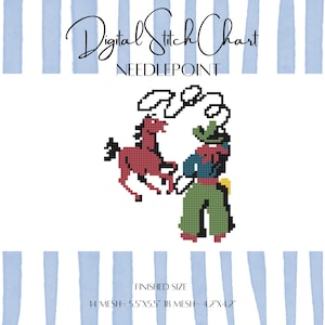 May include: Digital stitch chart for needlepoint featuring a pixelated cowboy with a lasso and a horse. The design includes the text "Digital Stitch Chart" and "Needlepoint". Finished size is 5.5"x5.5" for 14 mesh and 4.2"x4.2" for 18 mesh.