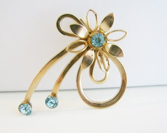 Vintage gold flower brooch with aqua blue rhinestones (G3)