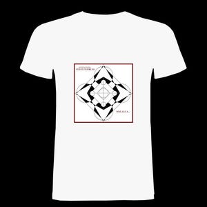 May include: White t-shirt featuring a geometric design in black and white, framed by a maroon border. The shirt includes text at the top and bottom of the design. The design is centered on the front of the shirt.