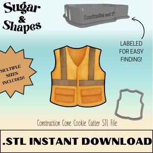 Puede incluir: Imagen que presenta un cortador de galletas de chaleco de construcción y un cortador de galletas de chaleco de construcción de 7,6 cm. La imagen también incluye el texto "Sugar & Shapes", "¡Múltiples tamaños incluidos!" y "¡Etiquetado para una fácil búsqueda!"