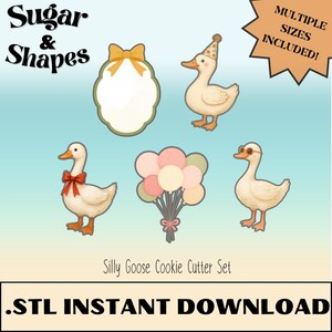 May include: A set of cookie cutters with a whimsical goose theme. The set includes a bow-shaped cutter, a goose with a party hat, a goose with a bow tie, a bunch of balloons, and a goose wearing sunglasses. The text "Sugar & Shapes" is at the top.