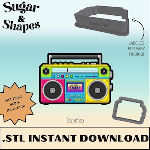 May include: A colorful boombox design with multiple sizes included. The image features a vibrant, retro-style boombox illustration in yellow, pink, blue, and green. A matching cookie cutter is also shown. The text "Boombox" and ".STL INSTANT DOWNLOAD" are visible.