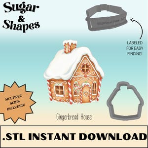May include: An image featuring a gingerbread house cookie cutter and a decorated gingerbread house. The house is brown with white icing and candy decorations. The text "Sugar & Shapes" and "Gingerbread House" are visible.