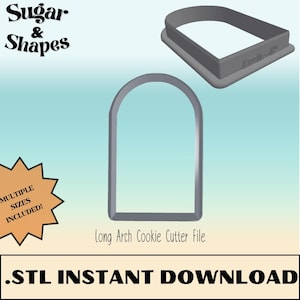 May include: A digital download of an STL file for a long arch cookie cutter. The image shows a 3D rendering of the cookie cutter in gray. The text "Long Arch Cookie Cutter File" is below the image.