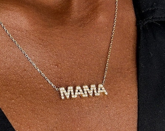 Dainty Pave Diamond Mama Necklace: Sterling Silver, Gold Plated