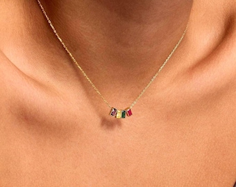 Custom Birthstone Necklace – Gold Bezel Gemstone Bar Pendant, Personalized Multi-Stone Family Jewelry, Meaningful Gift for Mom or Her
