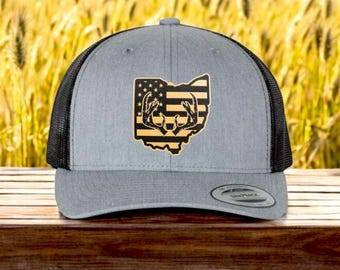 Deer Antlers Ohio State Outline American Flag Patch Hat | Ohio | Hunting | Dad | Husband | Trucker Hat | Patch Hat | Christmas Gift