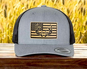 Deer Antlers American Flag Patch Hat | Hunter | Hunting | Dad | Husband | Trucker Hat | Patch Hat | Christmas Gift | Deer | Whitetail