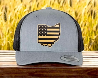 Ohio State Outline with American Flag | USA | Ohio | America | Dad | Husband | Trucker Hat | Patch Hat | Christmas Gift