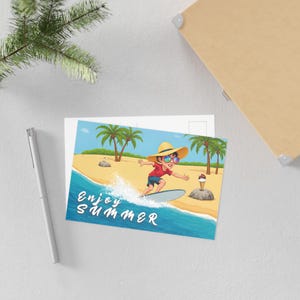 Postales de verano, arte de surf, decoración de playa, saludos de vacaciones, tarjetas tropicales, invitaciones para fiestas de verano