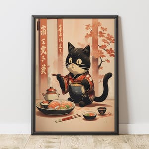 Japanese Cat Eating Noodle, Ramen Cat Poster, Gift For Foodies, Kimono Cats, Quirky Wall Decor, Cute Kitchenart, Black Cat Lovers, Sushi Art
