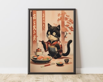 Póster de gato ramen: arte de gato negro con kimono japonés, impresión de fideos para pared