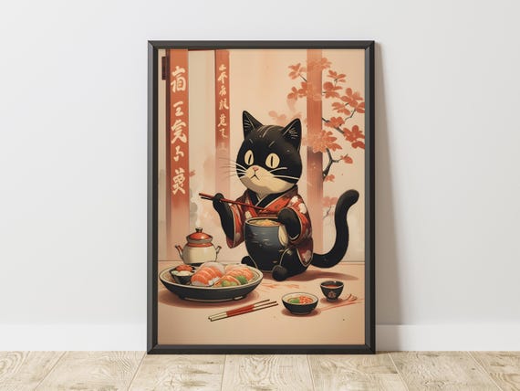 Ramen Cat Poster: Japanese Kimono Black Cat Art, Noodle Wall Print