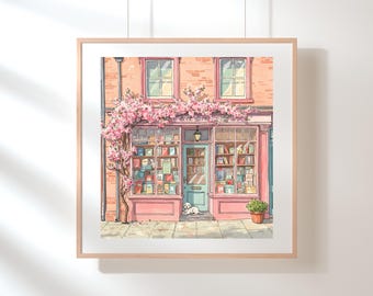 Impresión artística de acuarela de una librería acogedora: decoración floral de librería, arte mural literario, póster literario