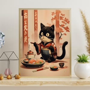Wisps of steam rise from the ramen bowl, suggesting warmth and comfort. The cherry blossoms in the background softly cascade, and the Japanese banners hang neatly, emphasizing the serene, artistic environment.