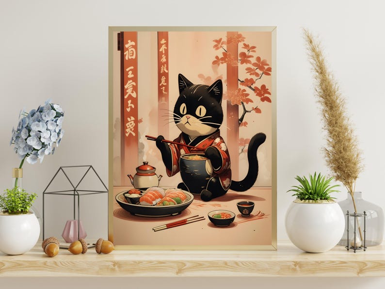 Wisps of steam rise from the ramen bowl, suggesting warmth and comfort. The cherry blossoms in the background softly cascade, and the Japanese banners hang neatly, emphasizing the serene, artistic environment.