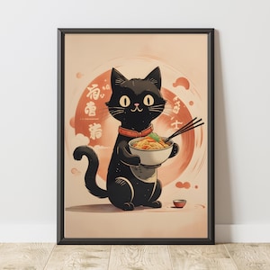 Japanese Cat Eating Noodles, Ramen Cat Poster, Gift For Foodies, Quirky Wall Decor, Cute Kitchenart, Tokyo Art, Kawaii Art, Black Cat Lovers