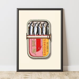 This piece showcases a vintage sardine tin with a slightly distressed look, presented against a soft beige background. The tin is open, revealing neatly aligned sardines shimmering with silvery-blue scales.