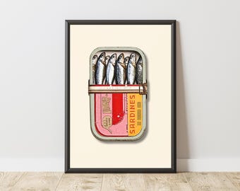 Tinned Sardines Print: Retro Sardine Tin Print, Vintage Kitchen Wall Prints, Fish Art Poster