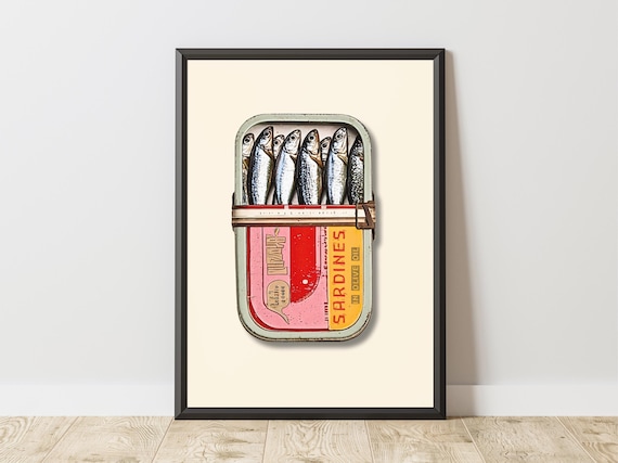 Tinned Sardines Print: Retro Sardine Tin Print, Vintage Kitchen Wall Prints, Fish Art Poster