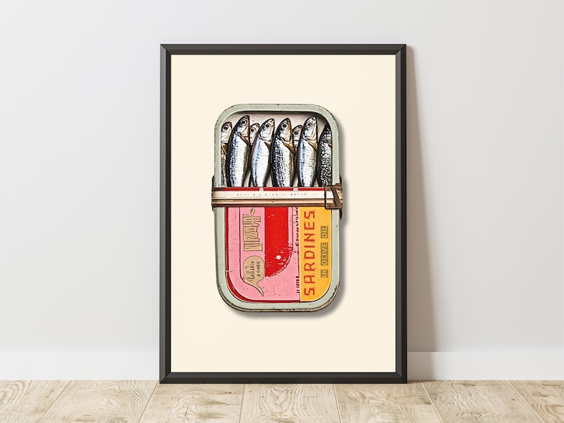 This piece showcases a vintage sardine tin with a slightly distressed look, presented against a soft beige background. The tin is open, revealing neatly aligned sardines shimmering with silvery-blue scales.