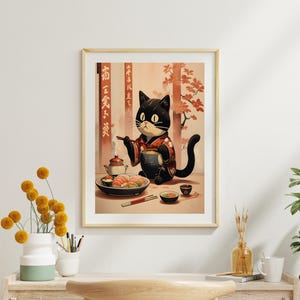 The kimono's deep red fabric is adorned with intricate floral patterns, perfectly complementing the gentle pastel tones of the background. The cat's poised posture adds elegance to the cozy, cultural setting.