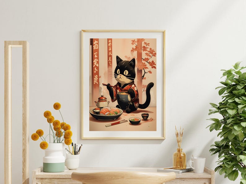 The kimono's deep red fabric is adorned with intricate floral patterns, perfectly complementing the gentle pastel tones of the background. The cat's poised posture adds elegance to the cozy, cultural setting.