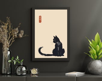 Svart katttryck: Japansk Wabi Sabi-väggkonst, trendig poster, svartvita tryck