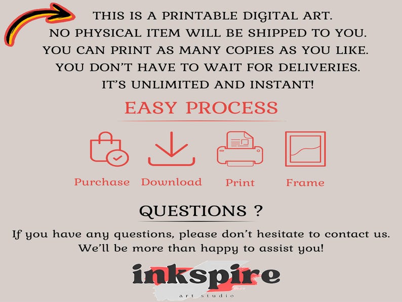 Easy process; Purchase, Download, Print and Frame!