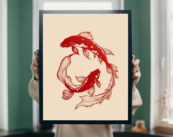 Impresión de pez koi japonés: Koi rojo, arte mural costero, póster de playa imprimible (descarga digital)