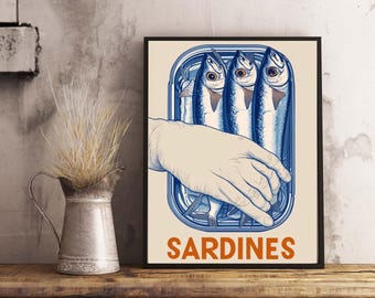 Retro Sardine Print: Tinned Fish Poster, Quirky Hand, Vintage Kitchen Art (Digital Download)