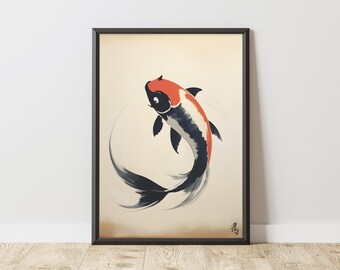 Lámina de pez koi japonés: Arte mural en rojo, blanco y negro, decoración para casa de playa (descarga digital)