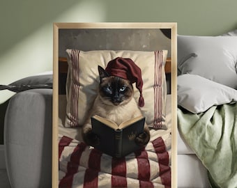 Siamese kat leest print: kat in bed muurkunst, cadeau boekenliefhebber, slaapkamerdecoratie