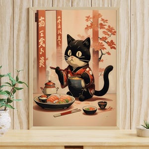 The sushi platter features a colorful mix of traditional rolls, each carefully crafted. A small bowl of soy sauce with chopsticks nearby adds detail, capturing the essence of Japanese cuisine in a playful, inviting way.