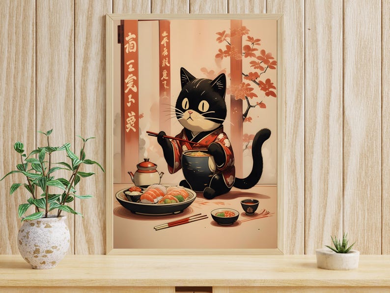 The sushi platter features a colorful mix of traditional rolls, each carefully crafted. A small bowl of soy sauce with chopsticks nearby adds detail, capturing the essence of Japanese cuisine in a playful, inviting way.