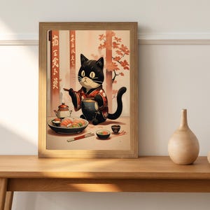 The cat's wide, curious eyes and soft fur are illuminated by warm light. Behind it, Japanese calligraphy adorns vertical banners, while delicate cherry blossoms frame the scene, blending tradition with whimsical charm.