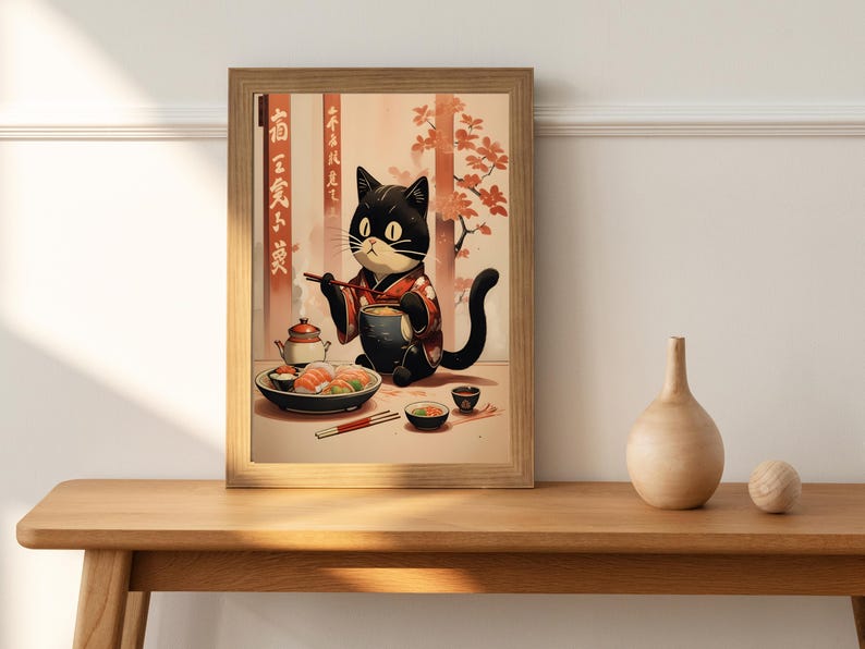 The cat's wide, curious eyes and soft fur are illuminated by warm light. Behind it, Japanese calligraphy adorns vertical banners, while delicate cherry blossoms frame the scene, blending tradition with whimsical charm.