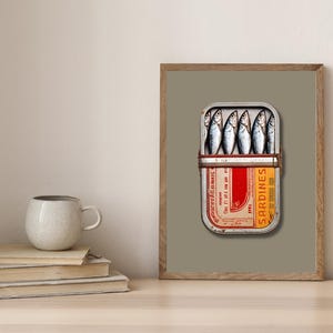 Sardinen aus der Dose, Retro Food Art, Wandbild für die Küche, Fisch aus der Dose, Sardinendose Print, Vintage Wandkunst, Foodie Geschenke, Fisch und Fisch