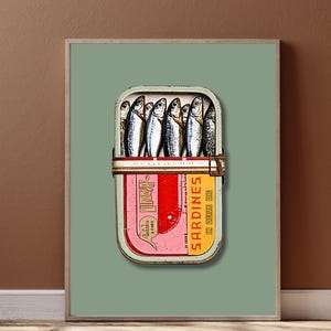 Sardinen aus der Dose, Retro Food Art, Wandbild für die Küche, Fisch aus der Dose, Sardinendose Print, Vintage Wandkunst, Foodie Geschenke, Fisch und Fisch