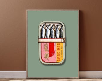 Tinned Sardines Print: Retro Sardine Tin Prints, Vintage Kitchen Wall Art, Seafood Fish Poster