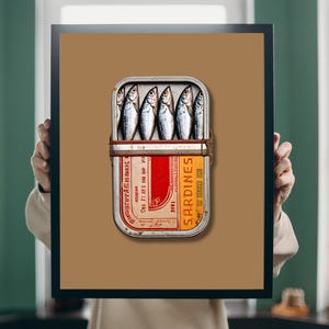 Sardinen aus der Dose, Retro Food Art, Wandbild für die Küche, Fisch aus der Dose, Sardinendose Print, Vintage Wandkunst, Foodie Geschenke, Fisch und Fisch