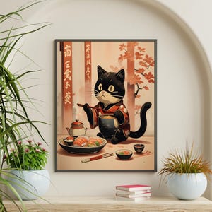 A black cat dressed in a red floral kimono sits gracefully at a table. In its paws, it holds red chopsticks and a steaming bowl of noodles. Surrounding it is an elegant spread of sushi, tea, and dipping bowls.