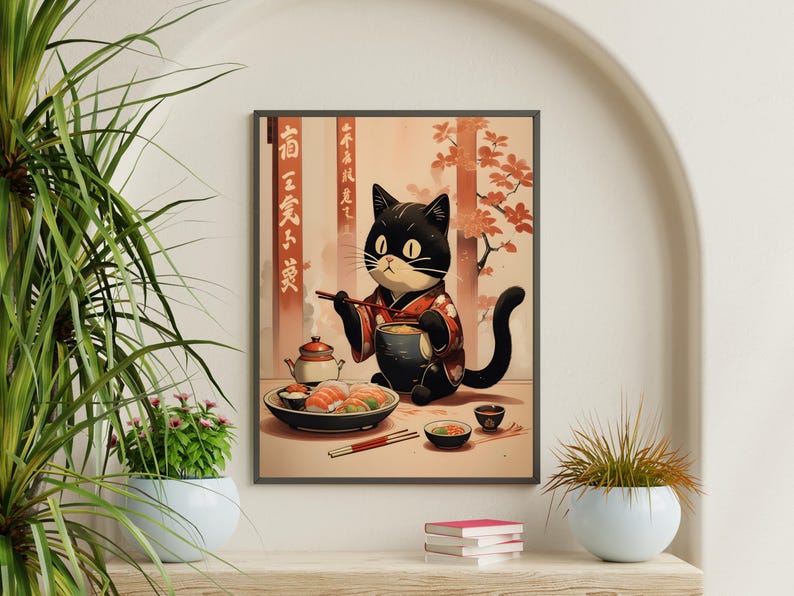 A black cat dressed in a red floral kimono sits gracefully at a table. In its paws, it holds red chopsticks and a steaming bowl of noodles. Surrounding it is an elegant spread of sushi, tea, and dipping bowls.