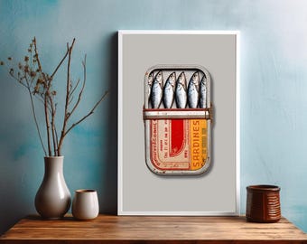 Lámina artística retro de sardinas enlatadas: decoración vintage para pared de cocina, póster de sardinas y mariscos