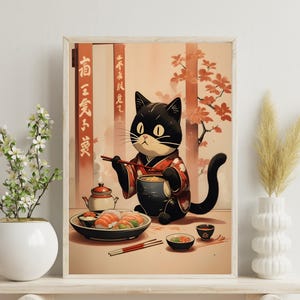 The scene radiates tranquility and joy, as the playful cat balances its chopsticks with precision. Its kimono’s vibrant red contrasts with its black fur, while the soft background hues add depth and harmony.
