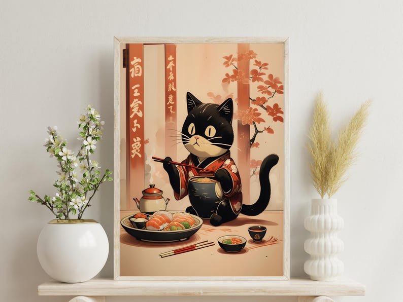 The scene radiates tranquility and joy, as the playful cat balances its chopsticks with precision. Its kimono’s vibrant red contrasts with its black fur, while the soft background hues add depth and harmony.
