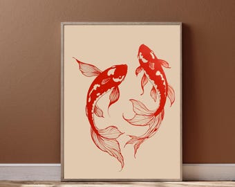 Impresión de pez koi japonés: pintura de koi rojo, arte mural costero, decoración de playa (descarga digital)