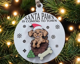 Santa Paws Puppy Dog Christmas Tree Holiday Wood Layered Ornament