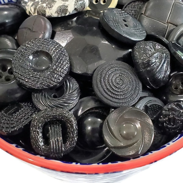 50 Vintage Black and Gray Button Grab Bag Lot, Bulk Sewing Buttons from the 1940s to 1990s for Knitting Sweaters and Crafts